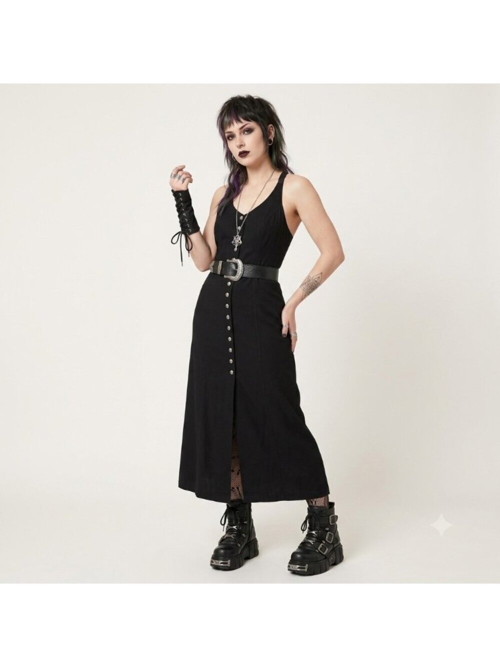 Karen Kane Button Front Maxi Dress Vtg14 US 10 Black Wool Blend Suspender Y Back